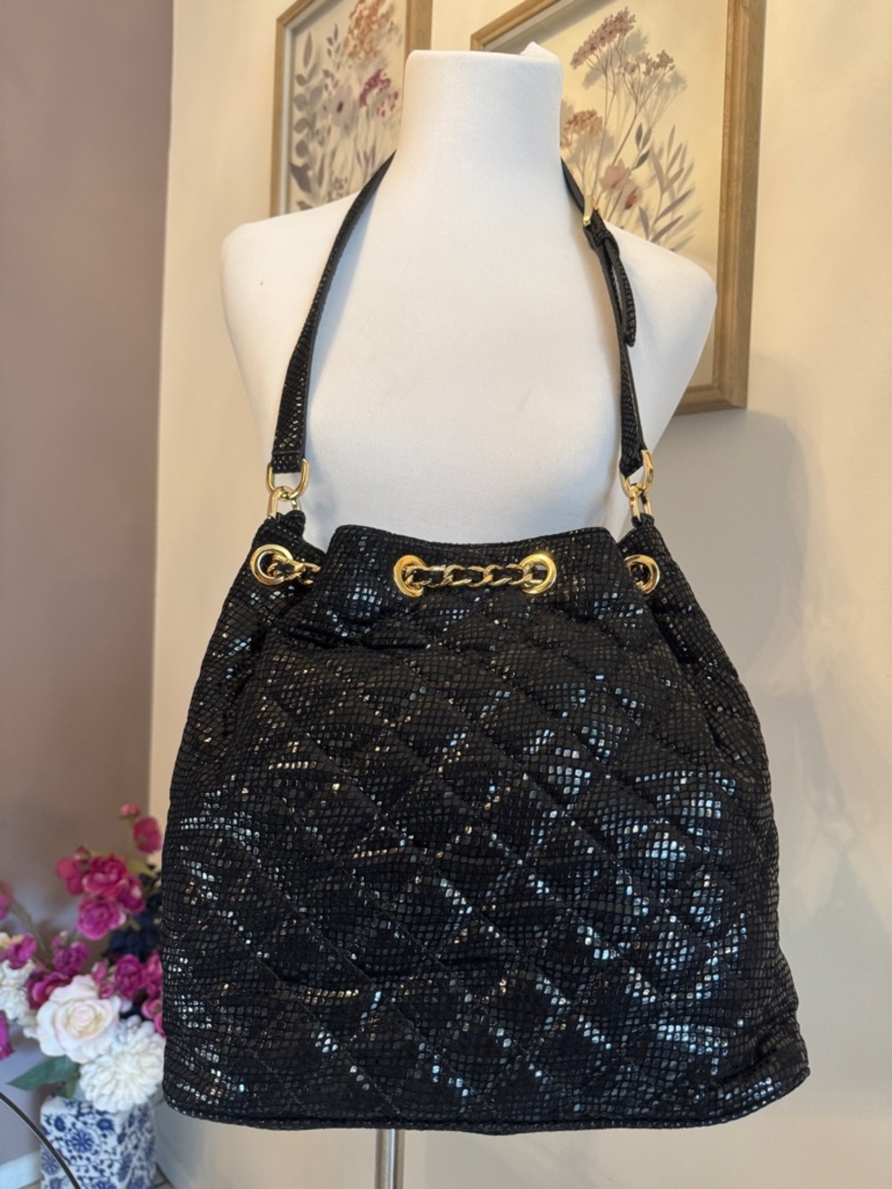 Michael Kors Black Sequin Drawstring Shoulder Bag with Gold Hardware - Picture 7 of 7